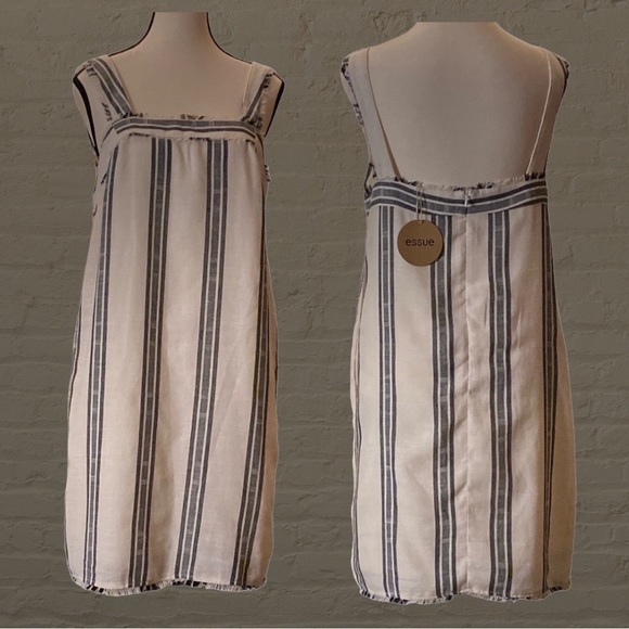 Essue- navy blue & natural white gunny sack stripe sleeveless pinafore dress NWT - Picture 1 of 10